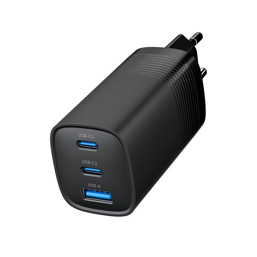 USB punjač 2xType-C + 1xUSB-A fast charger, 65W PD, back GEMBIRD, TA-UC-PDQC65-01-BK