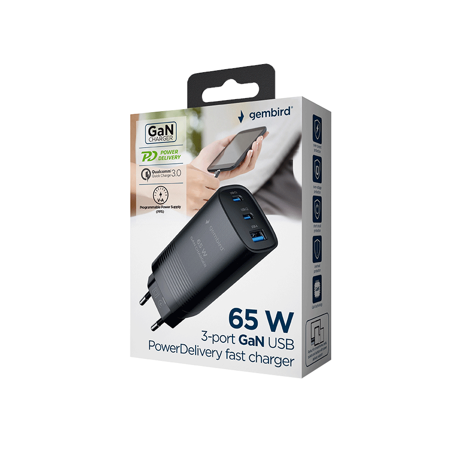 USB punjač 2xType-C + 1xUSB-A fast charger, 65W PD, back GEMBIRD, TA-UC-PDQC65-01-BK