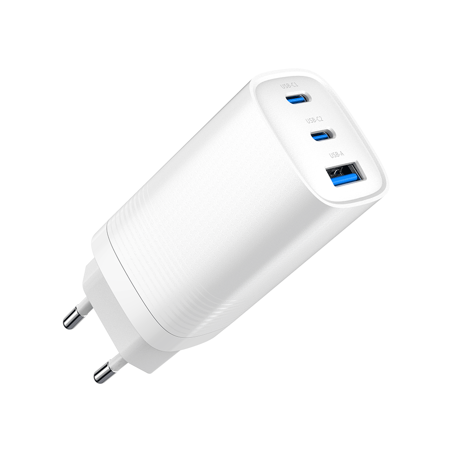 USB punjač 2xType-C + 1xUSB-A fast charger, 65W PD, white GEMBIRD, TA-UC-PDQC65-01-W