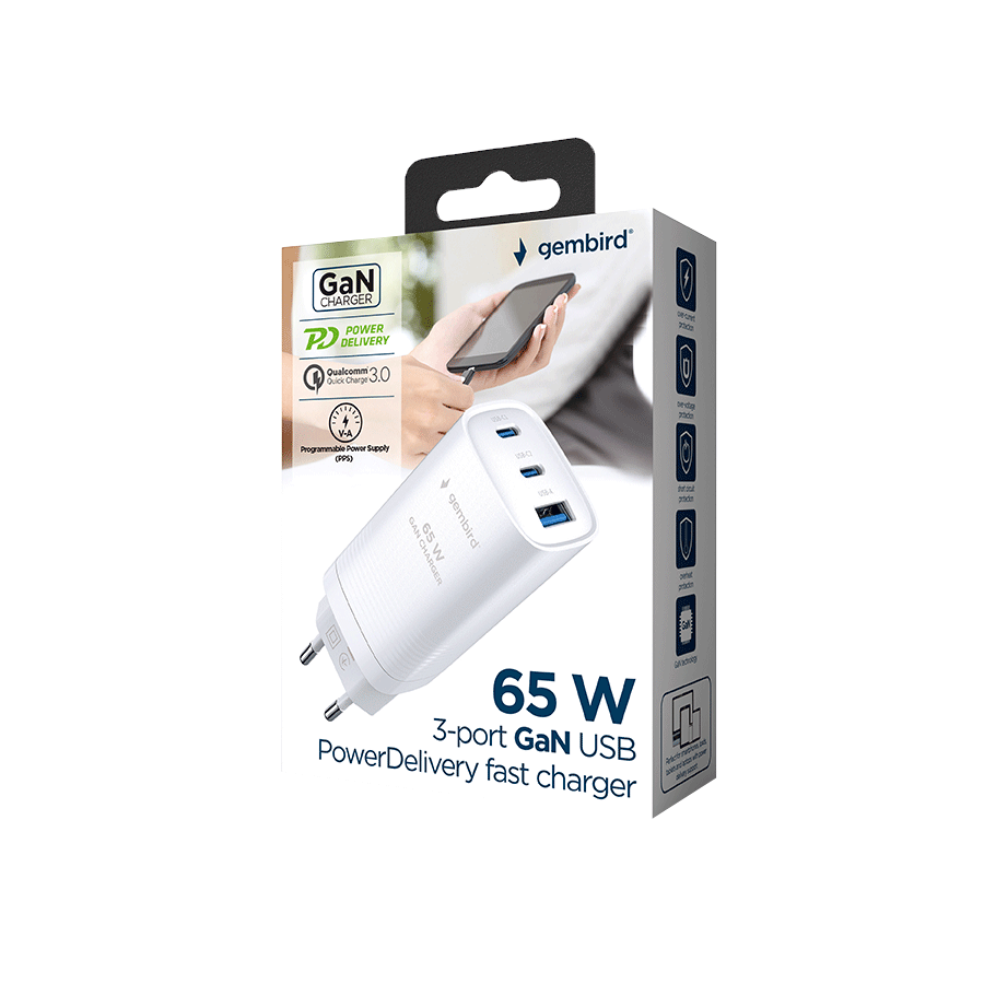 USB punjač 2xType-C + 1xUSB-A fast charger, 65W PD, white GEMBIRD, TA-UC-PDQC65-01-W