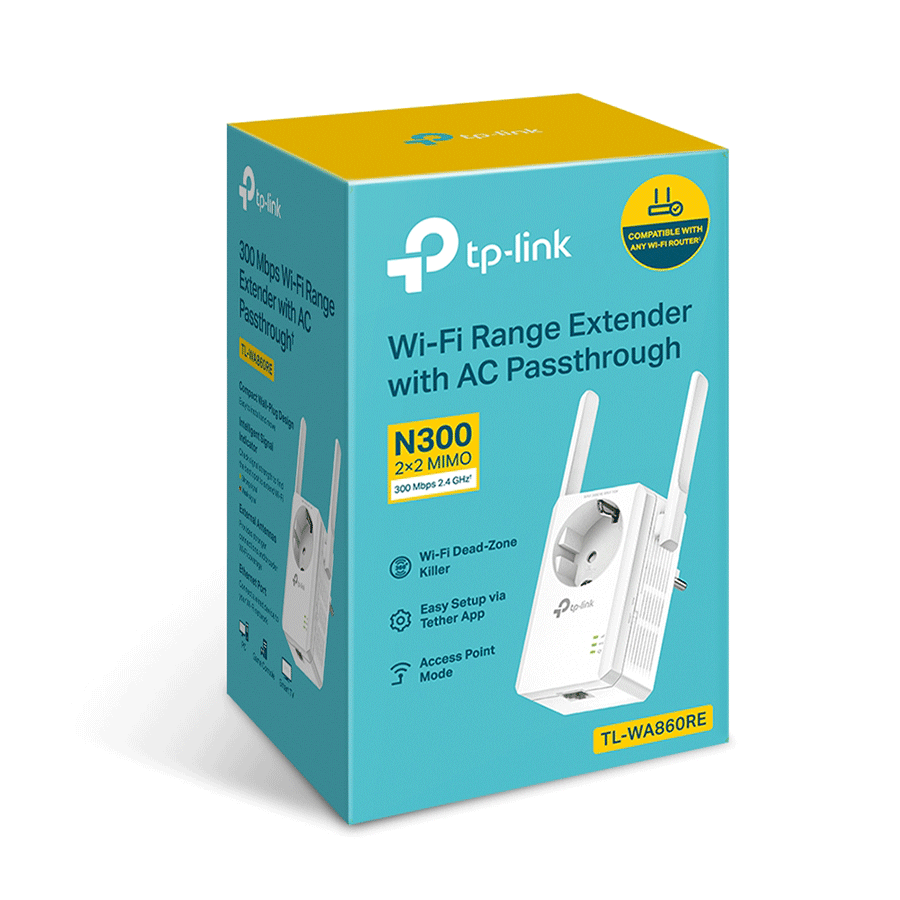 TP-Link TL-WA860RE, 300Mbps Wireless N Wall Plugged Range Extender with AC Passthrough, QCA(Atheros), 2T2R, 2.4GHz, 802.11n/g/b, Ranger Extender butto