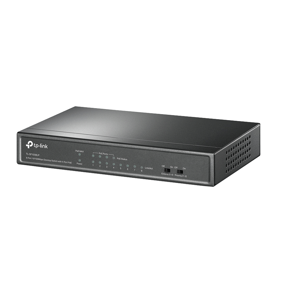 SWITCH TP Link TL-SF1008LP 8-portni 10/100Mbps neupravljani prekidač sa 4-porta PoE, metalno kućište, montaža na desktop, PoE budžet 41W.