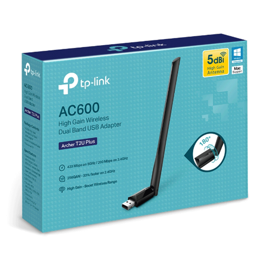 TP-Link ARCHER-T2UPLUS AC600 High Gain Wi-Fi Dual Band USB adapter, 433Mbps na 5GHz + 200Mbps na 2,4GHz, USB 2.0, 1 antena visokog pojačanja