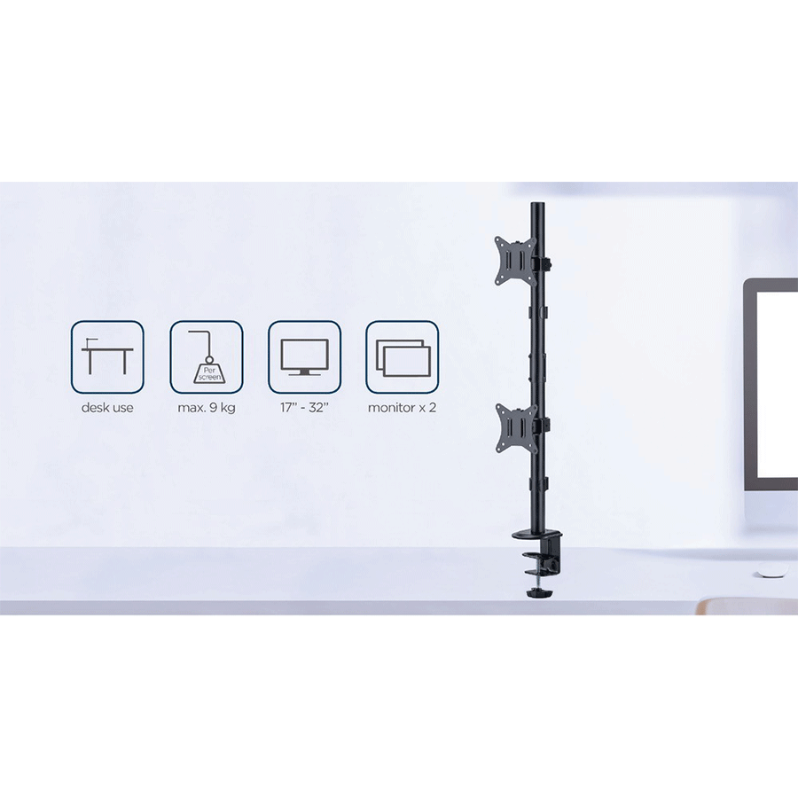 NOSAČ ZA DVA MONITORA VERTIKALNI GEMBIRD MA-D2-02, montaža na stol, (rotate, tilt, swivel), 17”-32”, up to 9 kg