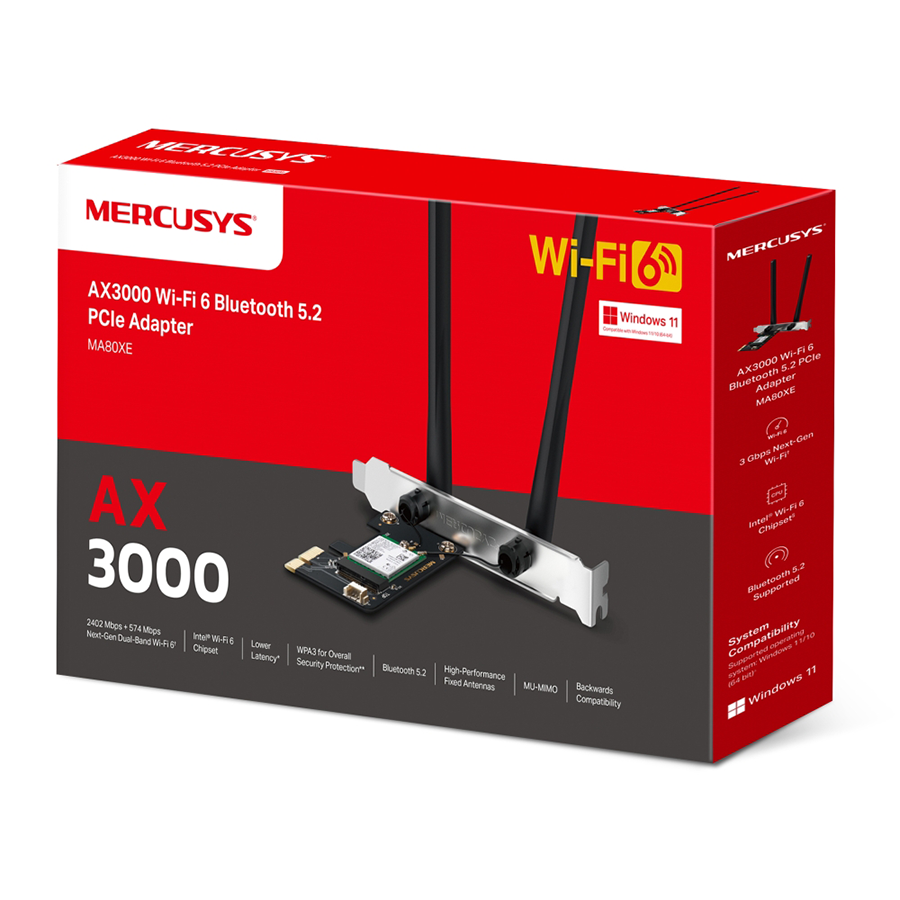 Mercusys PCI Express adapter, MA80XE AX3000 Dual-Band Wi-Fi 6 Bluetooth, 2402 Mbps na 5 GHz + 574 Mbps na 2,4 GHz, 2× High Gin Dual-Band eksterne ante