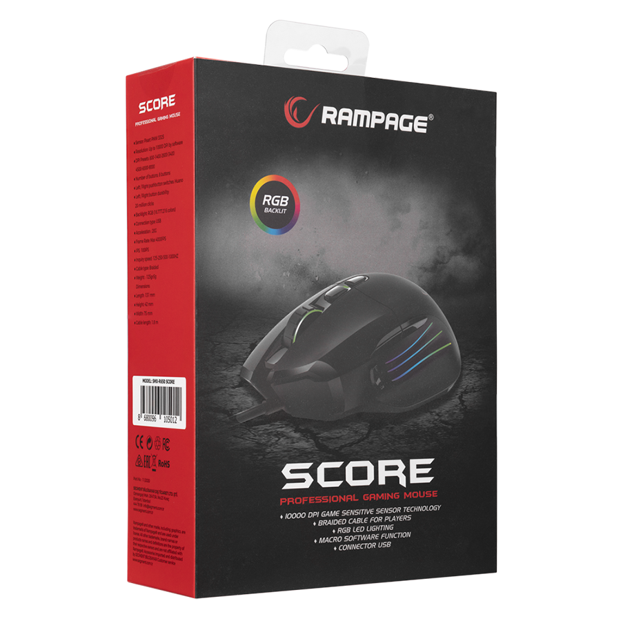 Miš gaming RAMPAGE SMX-R650 SCORE Usb Black, RGB illuminated 10000 Dpi, PMW-3325, 8D. Programable Gaming Mouse