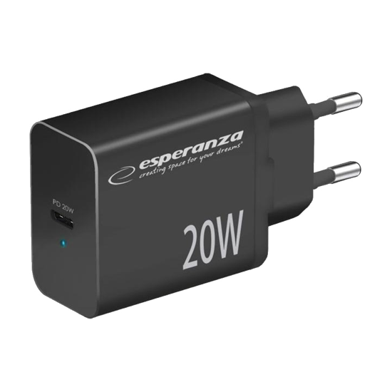 Picture of USB punjač Type-C fast charger, ESPERANZA QUICK POWER CHARGER 20W USB-C PD, BLACK, EZC104K