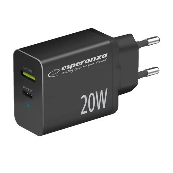 Picture of USB punjač Type-C + USB-A, ESPERANZA  QUICK POWER CHARGER 20W USB-C PD 20W / USB-A QC 3.0 18W BLACK, EZC105K