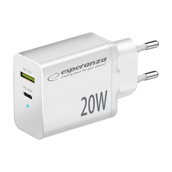 Picture of USB punjač Type-C + USB-A, ESPERANZA  QUICK POWER CHARGER 20W USB-C PD 20W / USB-A QC 3.0 18W WHITE, EZC105W