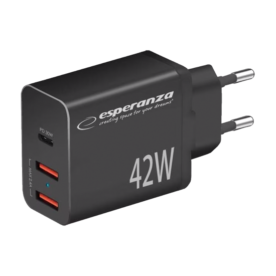 Picture of USB punjač Type-C + 2xUSB-A, ESPERANZA  QUICK POWER CHARGER 42W USB-C PD 30W / 2x USB-A 12W, EZC106K