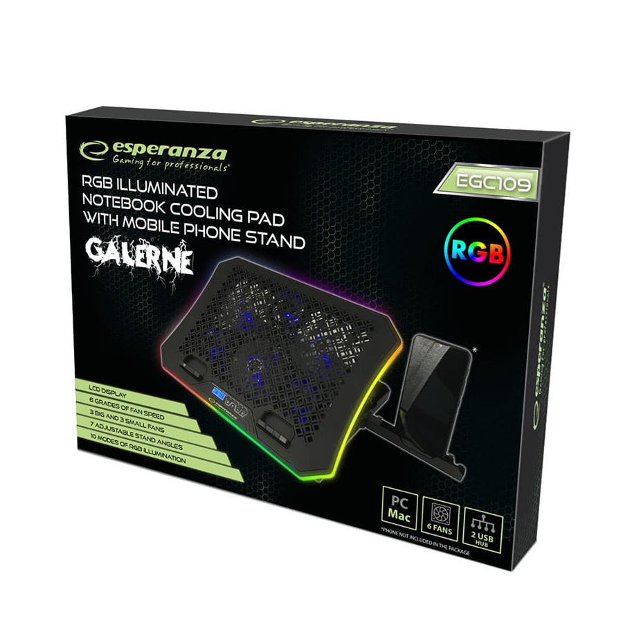 Postolje za notebook gaming ESPERANZA RGB ILLUMINATED NOTEBOOK COOLING PAD WITH MOBILE PHONE STAND GALERNE EGC109