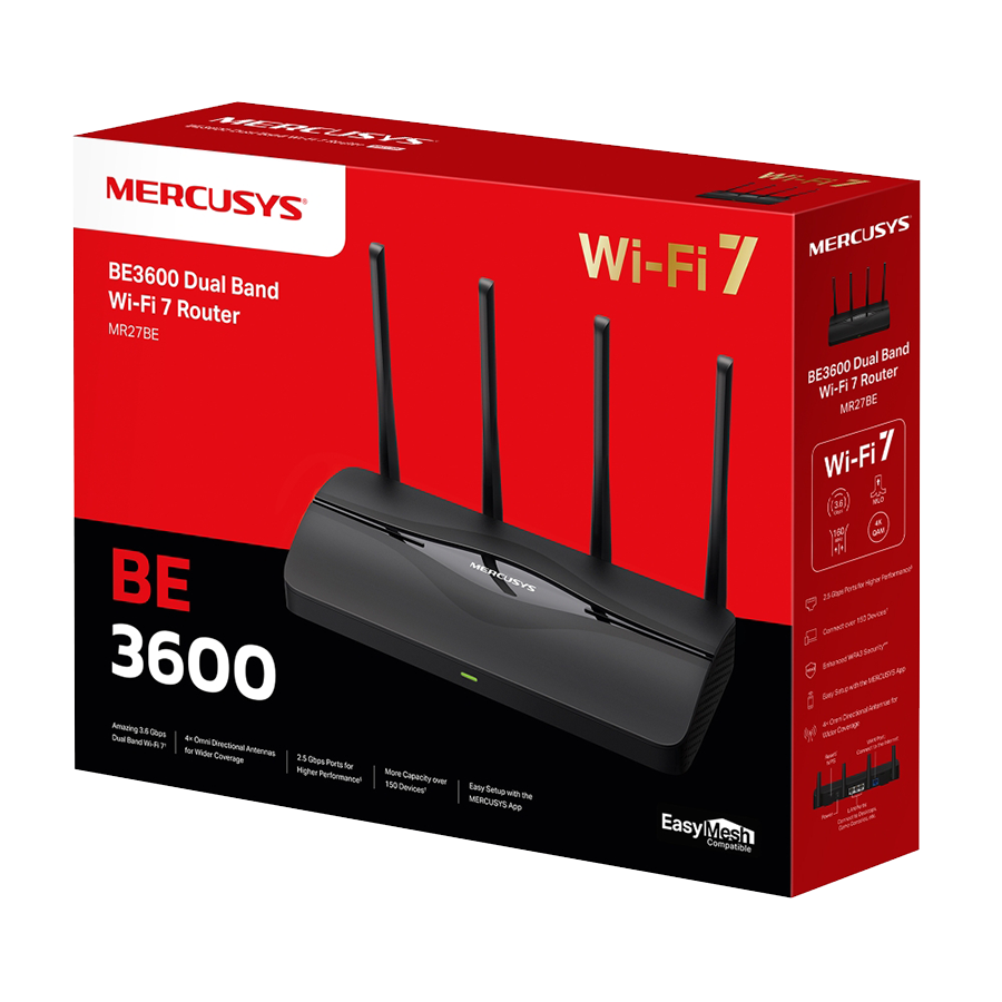 Mercusys MR27BE BE3600 Dual-Band Wi-Fi 7 Router, 2.4 GHz + 5 GHz, 4×Ant