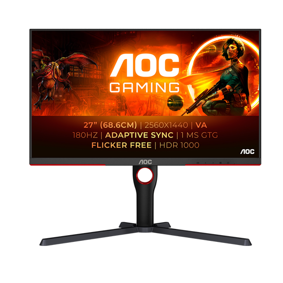 Picture of MONITOR AOC Gaming Q27G3XMN Mini LED 27” VA, 16:9, 2560x1440, 180Hz, 1ms, 1000 cd/m2, 4000:1, Audio,2x HDMI, DP, Full Ergonomic, Black-Red, VESA 3y