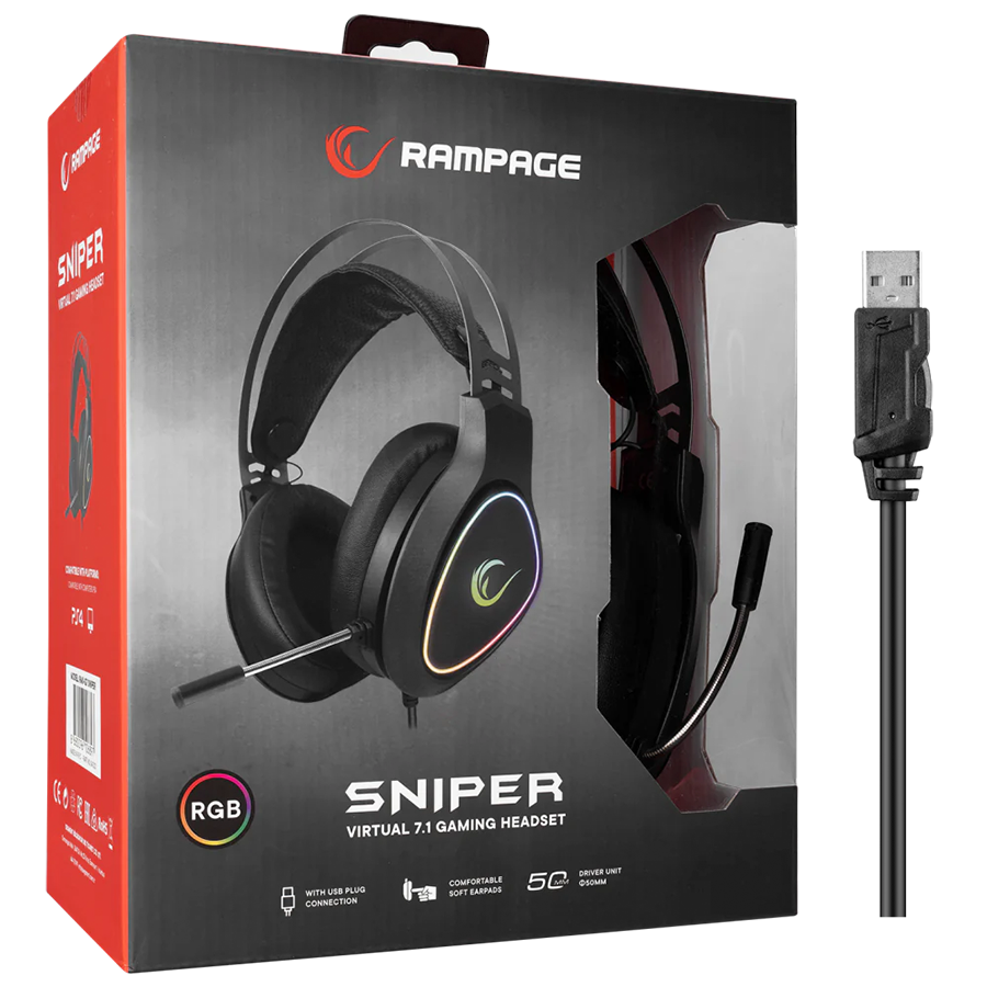 Slušalice sa mikrofonom gaming RAMPAGE RMX-G7 SNIPER Black RGB Illuminated,with Flexible Microphone Gaming, Headset