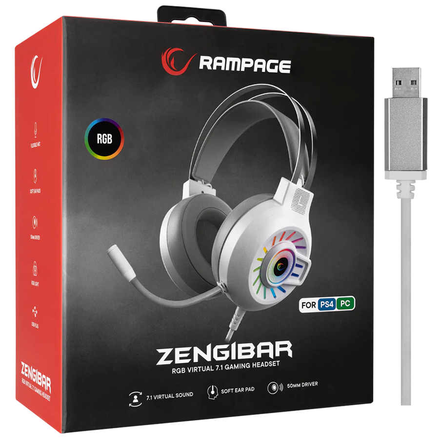 Slušalice sa mikrofonom gaming RAMPAGE RM-K44 ZENGIBAR White 7.1 Surround RGB Light Effect, 36094