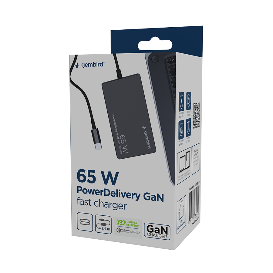 AC ADAPTER univerzalni za notebok GEMBIRD 65W PowerDelivery GaN USB, Type-C fast charger, black, NPA-AC-PDQC65-01