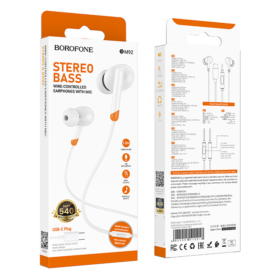 Slušalice sa mikrofonom Type-C BOROFONE BM92 Refined universal earphones with microphone Type-C white