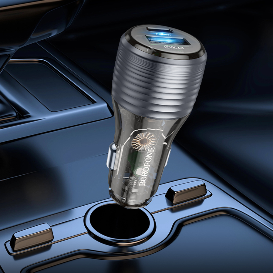 Auto Punjač sa kablom 1m Type-C to Type-C BOROFONE BZ30 Absolute PD30W+QC3.0 car charger set USB + Type-C, transparent black