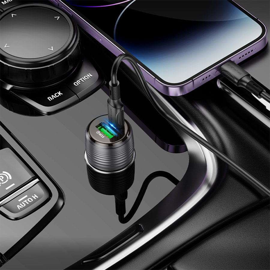 Auto Punjač sa kablom 1m Type-C to Type-C BOROFONE BZ30 Absolute PD30W+QC3.0 car charger set USB + Type-C, transparent black