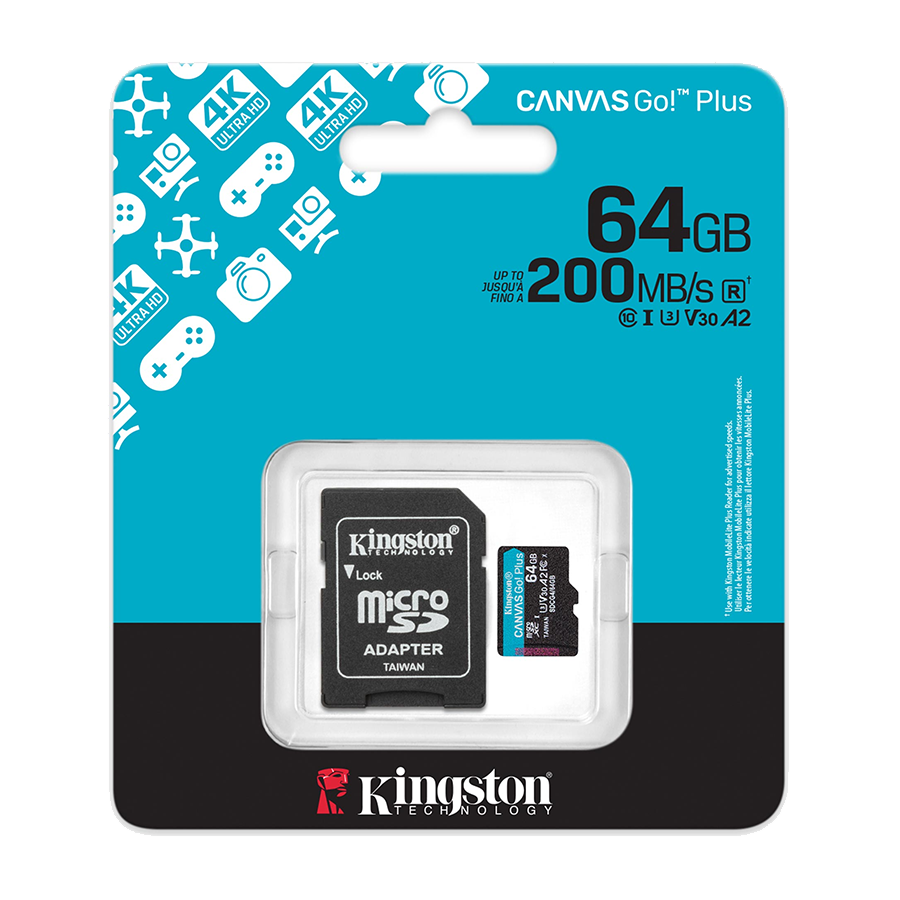 Micro SDXC card Kingston 64GB Canvas GoPlus Gen.4 200MB/s A2 U3 V30 Card + Adapter SDCG4/64GB