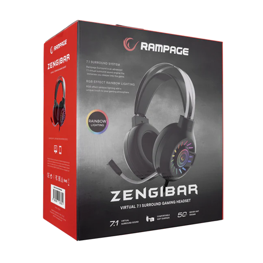 Slušalice sa mikrofonom gaming RAMPAGE RM-K44 ZENGIBAR Black 7.1 Surround RGB Light Effect Gaming Headset with Flexivle long Microphone, 35129