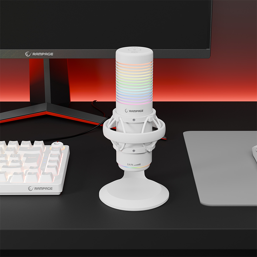 Mikrofon gaming RAMPAGE BEMOL RGB White Microphone with Shock Mount and Pop Filter for Gaming, Streaming, Podcasts, 41148