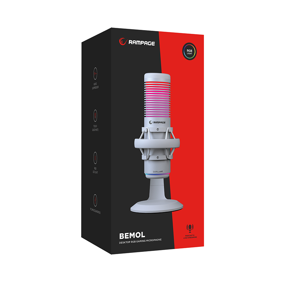 Mikrofon gaming RAMPAGE BEMOL RGB White Microphone with Shock Mount and Pop Filter for Gaming, Streaming, Podcasts, 41148