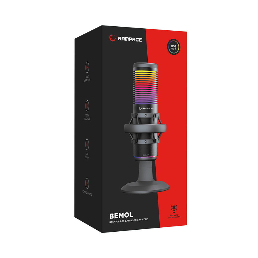 Mikrofon gaming RAMPAGE Bemol RGB Black Microphone with Shock Mount and Pop Filter for Gaming, Streaming, Podcasts, 41147