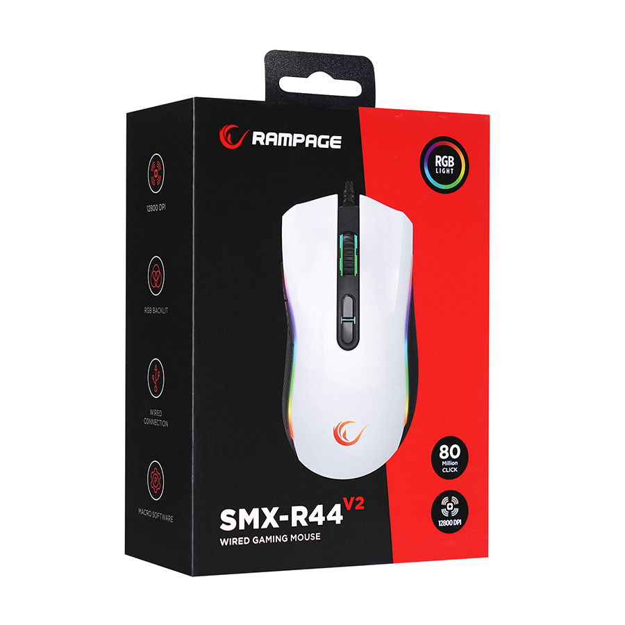 Miš gaming RAMPAGE RAMPAGE SMX-R44 V2 Macrol White 12800 DPI RGB LED 80 Million Huano Switch Gaming Player Mouse, 41492