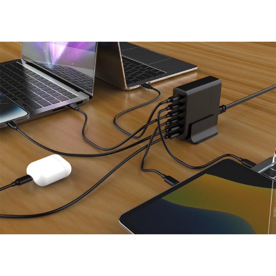 Power station USB brzi/quick punjač GEMBIRD, 6-port 75W GaN USB fast charger, black, Type-C, USB, TA-UC-2A4C-PD75-01-BK