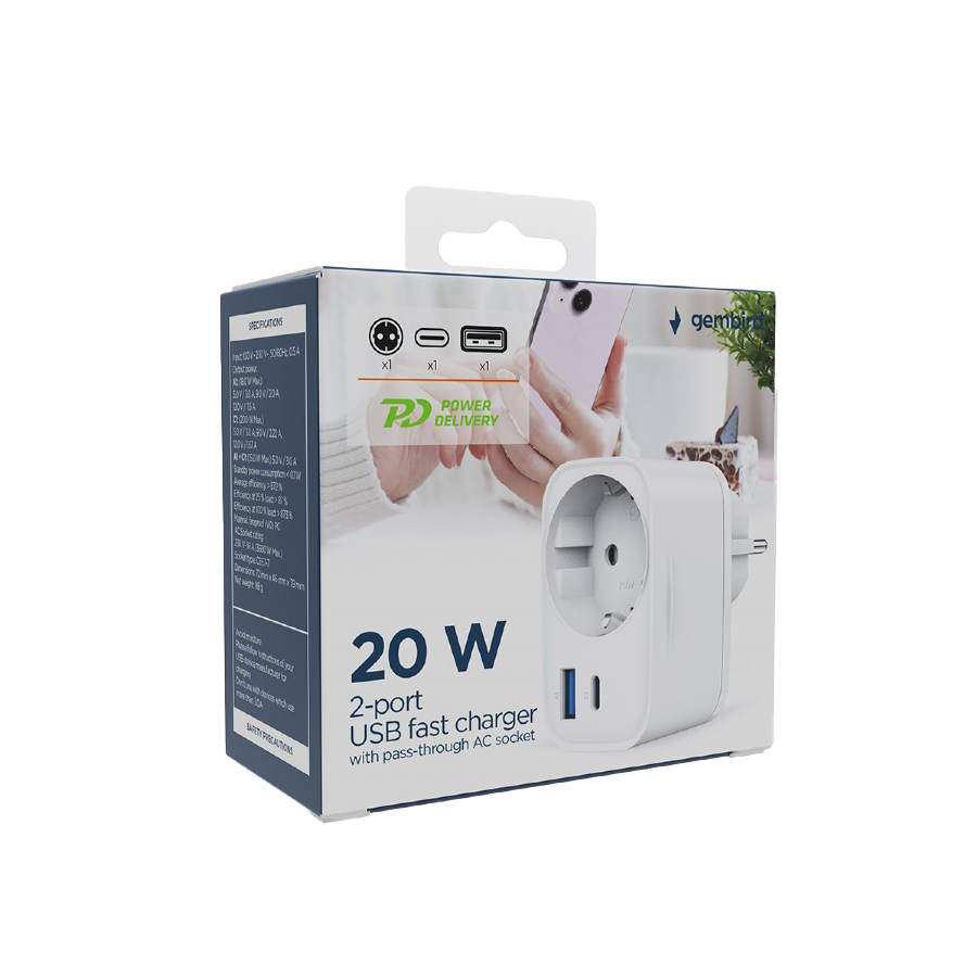 USB punjač Type-C + USB-A + shuko, 3A, white GEMBIRD, TA-ACPDQC20-01-W