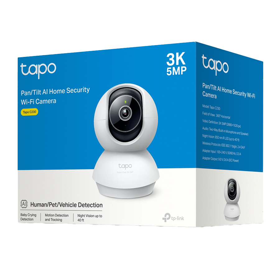 TP-Link TAPO-C230 Pan/Tilt AI Home Security Wi-Fi Camera, 3K 5MP (2880x1620), 2.4 GHz, Horizontal 360, Pan/Tilt, Smart AI Detection and Notifications