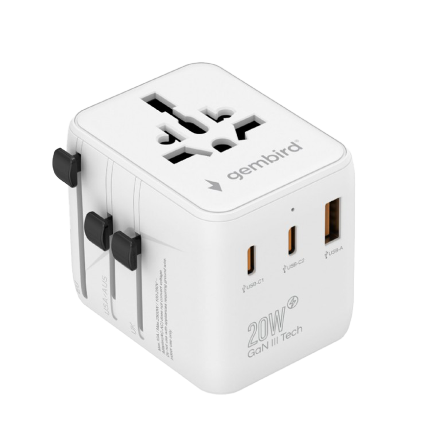 Univerzalni strujni adapter za sve zemlje + USB + Type-C punjač GEMBIRD, 20 W, white, TPA-1A2C20-01-W