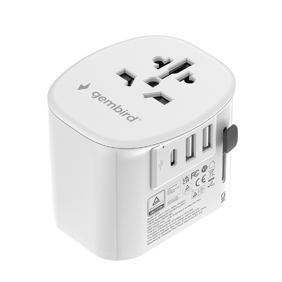 Univerzalni strujni adapter za sve zemlje + USB + Type-C punjač GEMBIRD, 20 W, white, TPA-EU2A1C15-01-W
