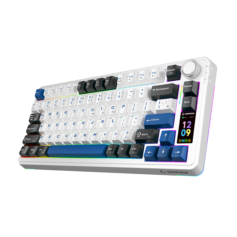 Tastatura gaming RAMPAGE QUELL PRO screen White Hot Swap 2.4g Bt Wireless RGB Gasket Oil Switch English Layout PBT KeyCaps Mechanical KLA, 42257