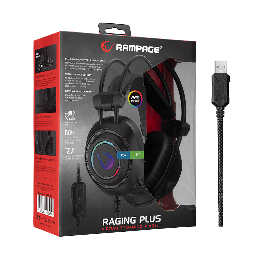 Slušalice sa mikrofonom gaming RAMPAGE RM-K19 RAGING PLUS Black USB 7.1 Version RGB Led Gaming Headset with Microphone, 32915
