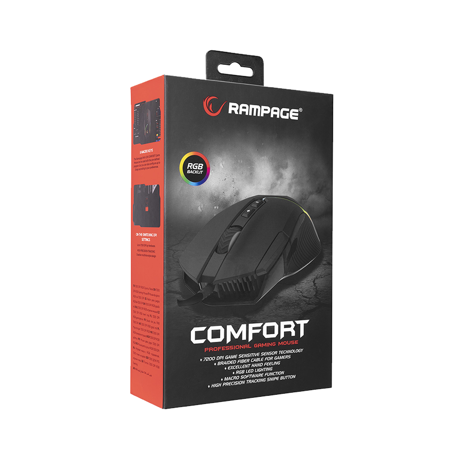 Miš gaming RAMPAGE SMX-G39 COMFORT Usb 8D+ Extra Shot Button 7200dpi RGB Led Programable, 35496