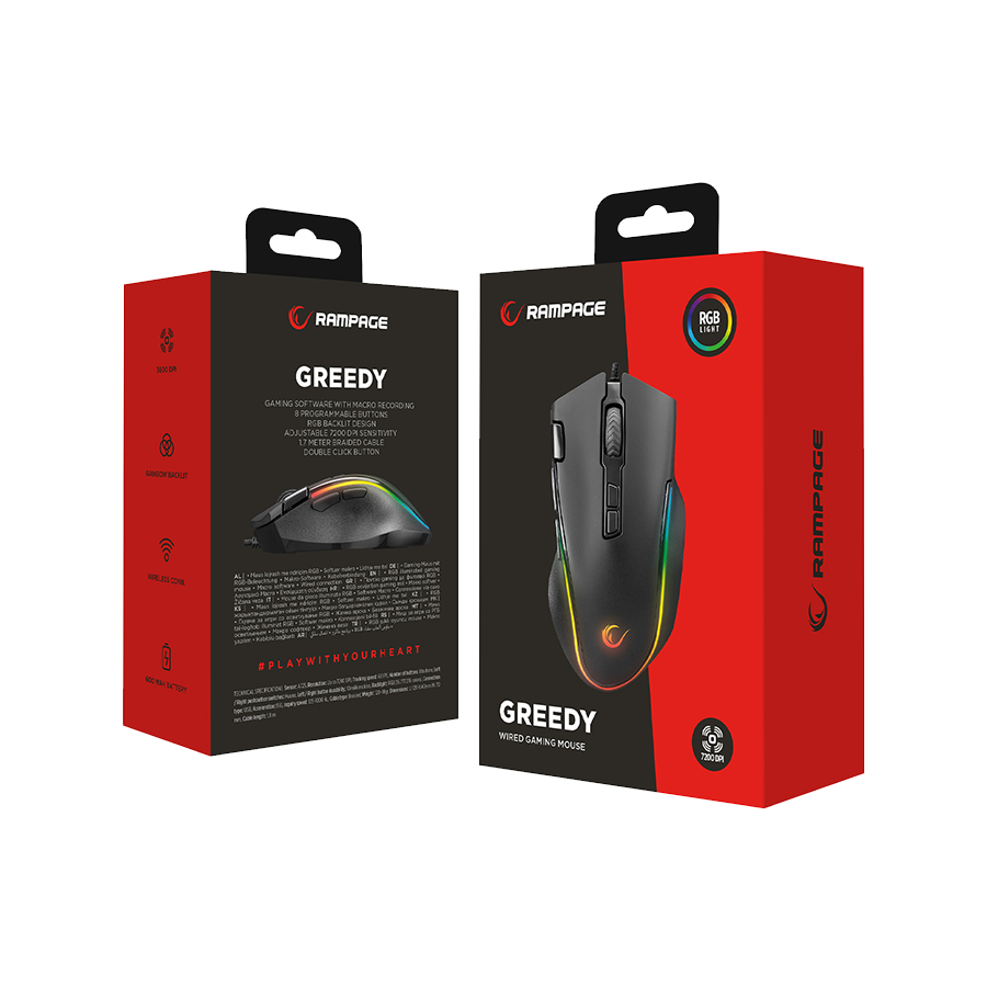 Miš gaming RAMPAGE SMX-G72 GREEDY 8 KEYS, Double Click Real RGB Backlit,Macro Programable, 33362