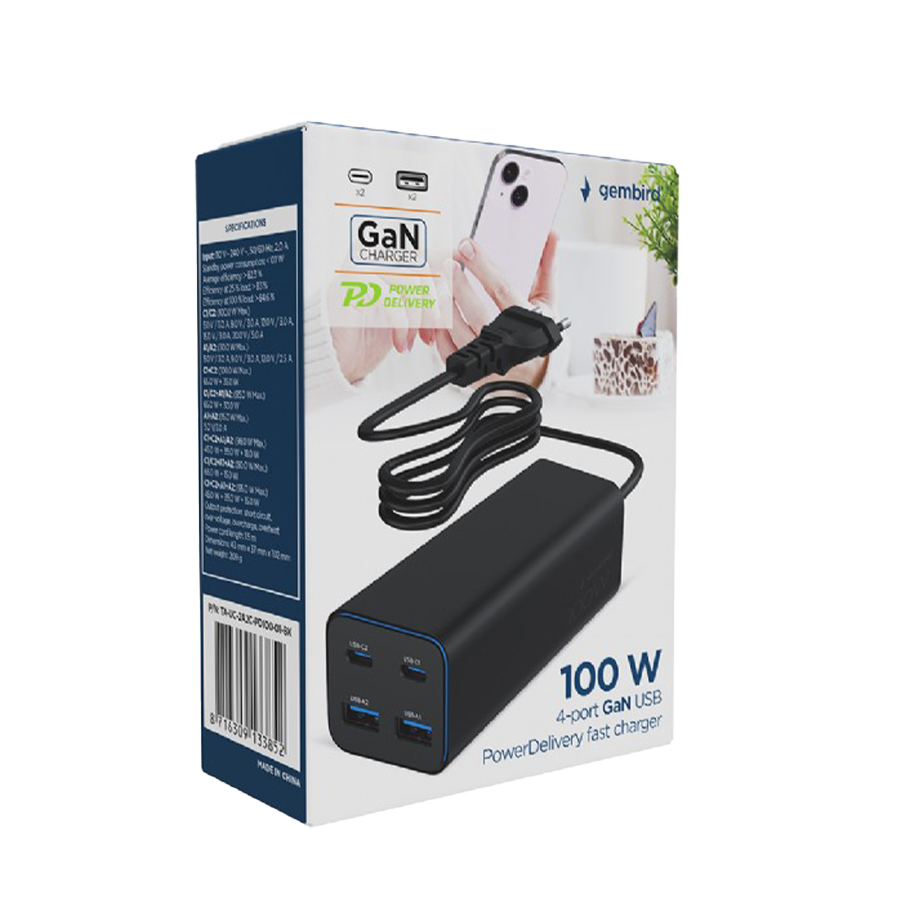 USB punjač 2xType-C + 2xUSB-A 4-port 100 W GaN USB PowerDelivery fast charger, black, GEMBIRD, TA-UC-2A2C-PD100-01-BK