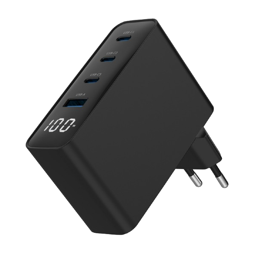 USB punjač 3xType-C + USB-A , 4-port 100W GaN USB fast charger, LCD, black, GEMBIRD, TA-UC-PDQC100LCD-01-BK