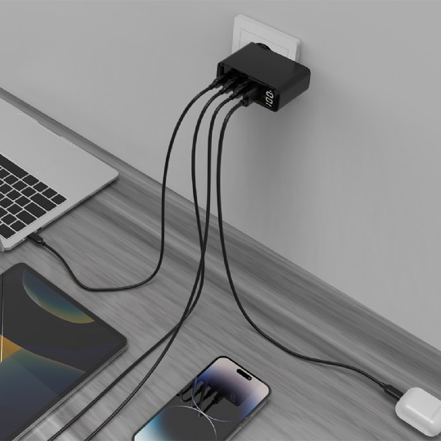 USB punjač 3xType-C + USB-A , 4-port 100W GaN USB fast charger, LCD, black, GEMBIRD, TA-UC-PDQC100LCD-01-BK