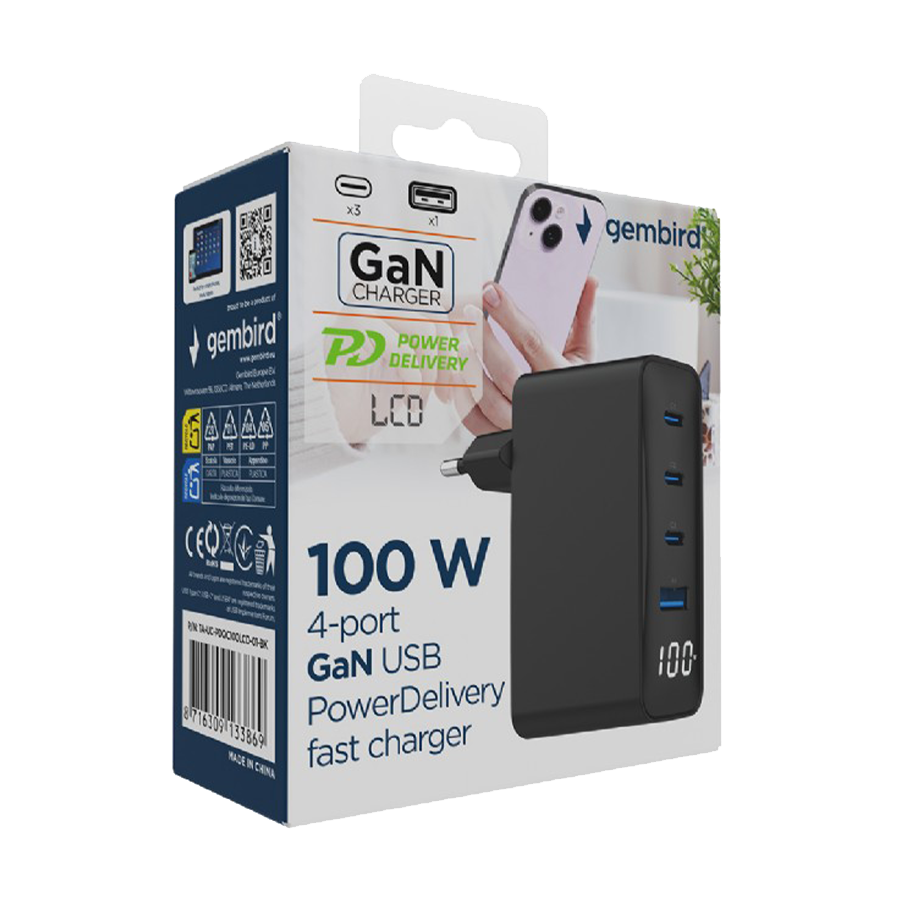 USB punjač 3xType-C + USB-A , 4-port 100W GaN USB fast charger, LCD, black, GEMBIRD, TA-UC-PDQC100LCD-01-BK