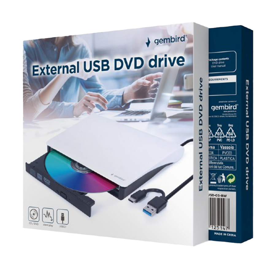 EXT.DVD RW GEMBIRD, USB+Type-C, USB 3.1 Gen. 1, DVD-USB-031-BW
