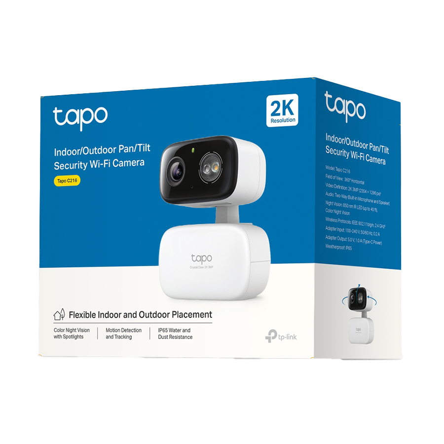 TP-Link Tapo C216 Indoor/Outdoor Pan/Tilt Security Wi-Fi Camera, 2K (2304x1296), 2.4 GHz, Horizontal 360, Pan/Tilt, Smart Detection TAPO-C216