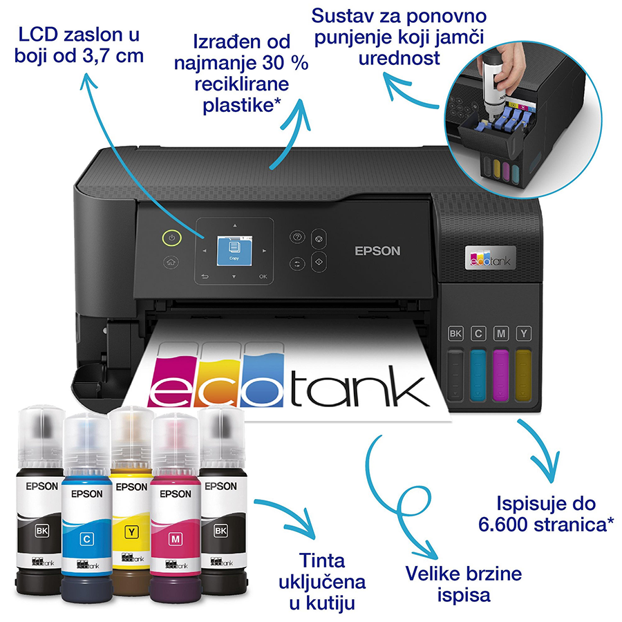 Printer EPSON EcoTank L3560 print/scan/copy/fax Rez.4.800 x 1.200 dpi. 33str/min Monokrom.20str/min Colour. ADF.Duplex.USB, LAN.WiFi. tinte br.103