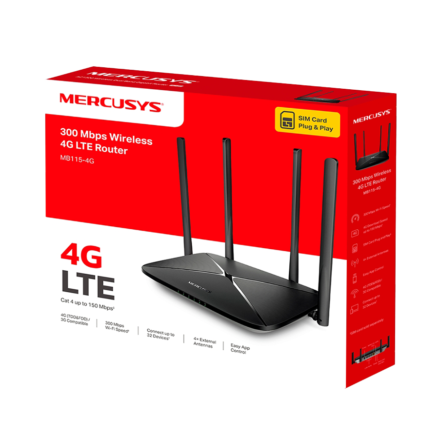 ROUTER Mercusys MB115-4G 300 Mbps Wireless N 4G LTE, 300 Mbps at 2.4 GHz, 4G Cat4 150/50 Mbps, 4x Fixed External Antennas, 3x 10/100 Mbps LAN Ports, 1