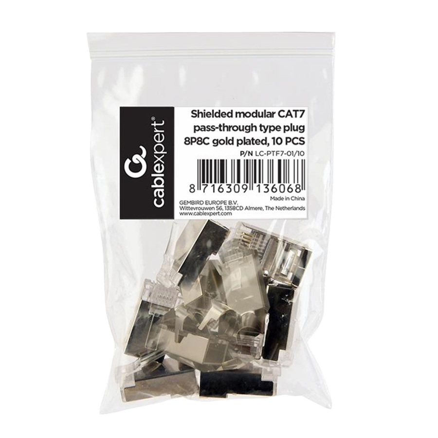 Konektor 10 komada GEMBIRD LC-PTF7-01/10, Shielded modular CAT7, pass-through type plug 15u" gold, plated