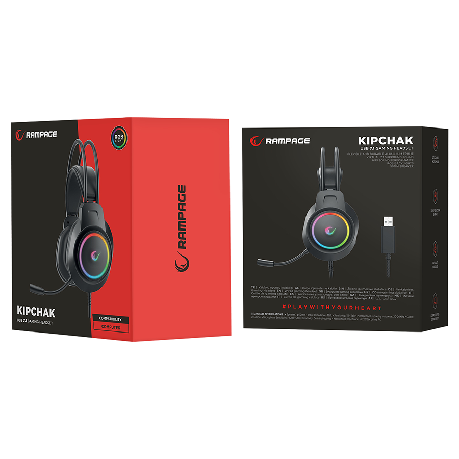 Slušalice sa mikrofonom gaming RAMPAGE RM-K55 Kipchak Black RGB Led 7.1 Gaming Headset with Microphone, 42659