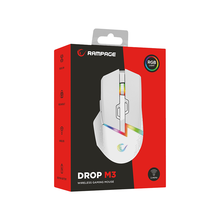 Miš gaming RAMPAGE DROP M3 V2 24000 DPI 3311 Sensor White RGB Rechargeable Wireless 80 Million Huano Switch Gaming Mouse, 42562