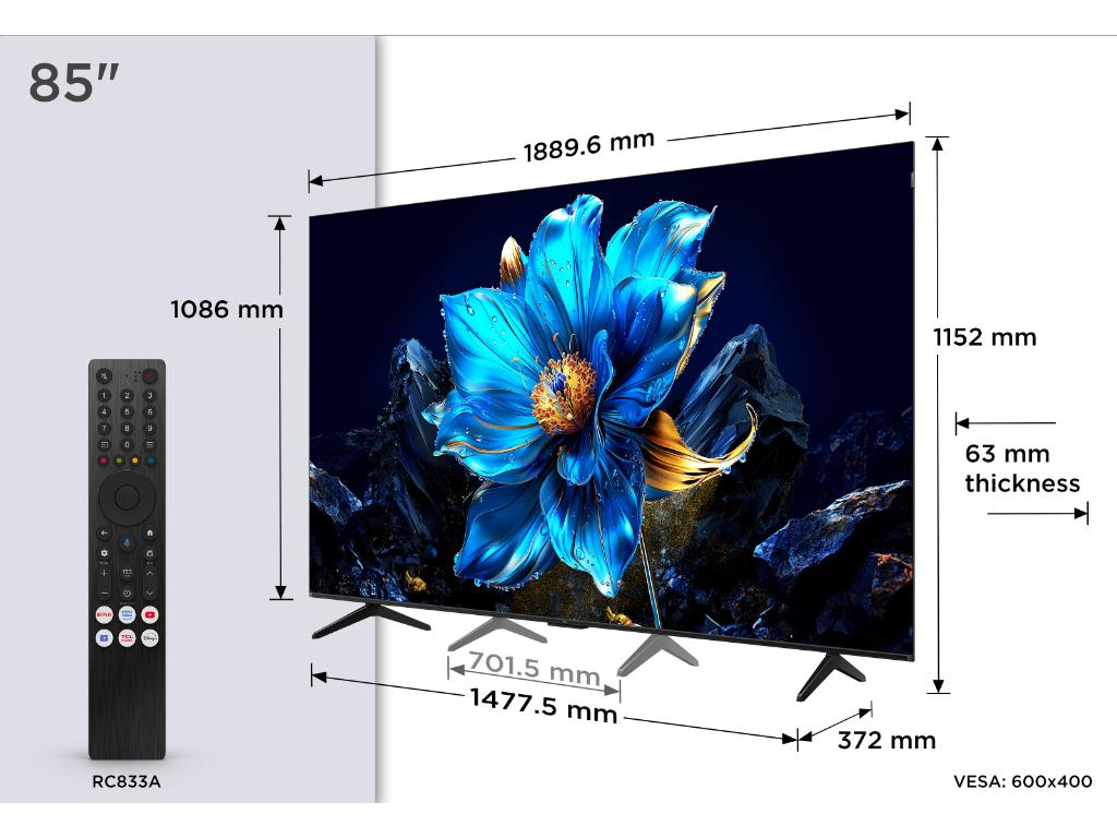 TCL 85"P7K 4K QLED TV 60HzGoogle TV; HDR multi-format;HVA Panel; Game Master; Dolby Atmos; ( 85P7K )